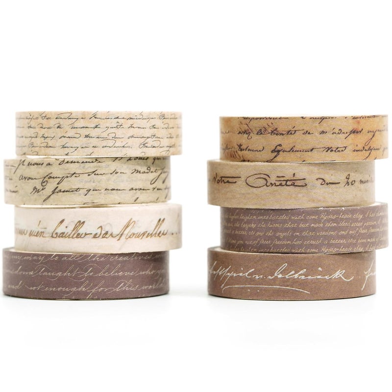 YUBX Vintage Washi Tape Set 8 Rolls Thin Retro Decorative Antique Patterns Masking Tapes for Arts, DIY Crafts, Journals, Planners, Scrapbook, Wrapping (Handwritten Text) - Image 1